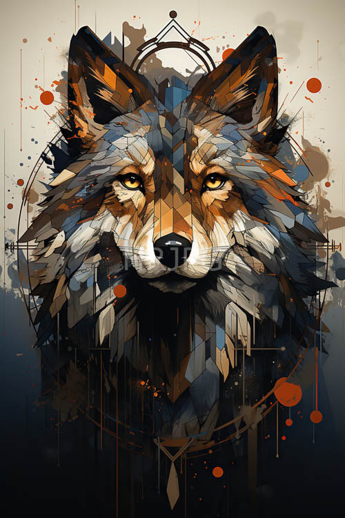 stylized geometric wolfs fierce stare amidst angular mosaic and splattered red accents