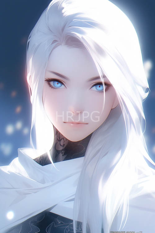 High Resolution: Paleskinned Woman Framed by SnowWhite Hair Against Deep DarkBlue Background download. | HRJPG.com