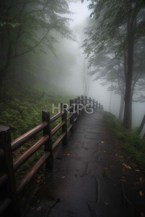 ferns edge misty forest pathway rustic wooden railings foggy background solitude