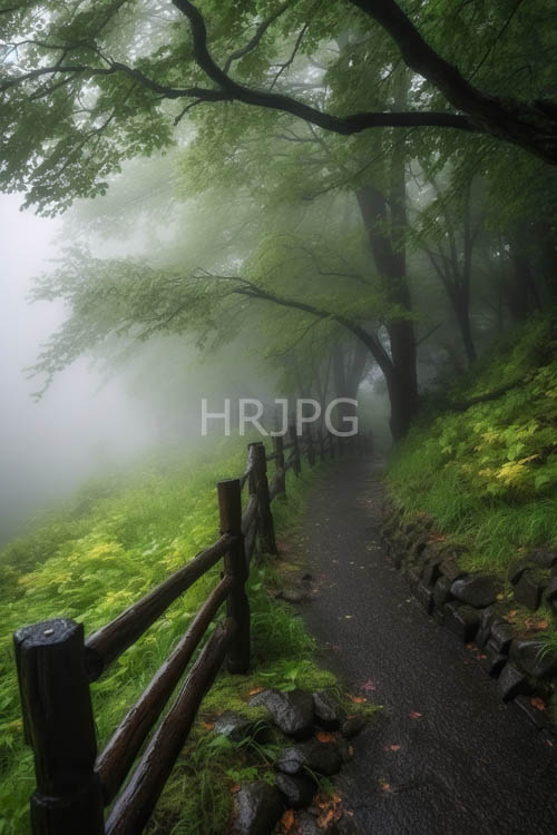 fences guide eyes along winding gravel pathways in misty forests with lush greenery and dense trees