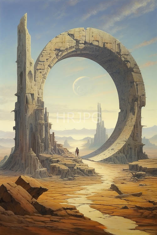 High Resolution: Forgotten Ruins Yield Ancient Secrets in Crumbling Desert Landscape Under Crescent Moon download. | HRJPG.com