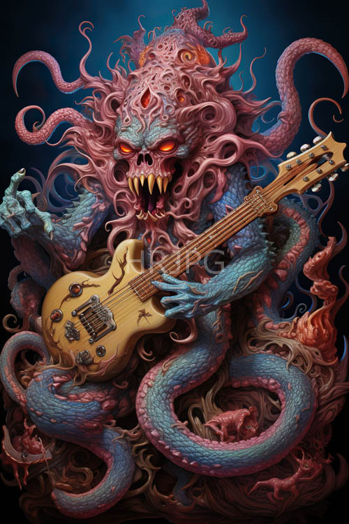fretboard encircled by twisted glowing tendrils of dark cosmic horror