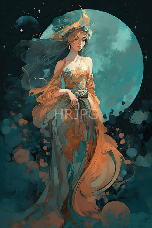 floral pattern dresses stand against turquoise moonlit space backgrounds