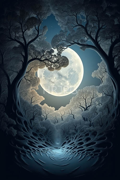 surreal nocturnal landscape dominated by glowing full moon and silhouetted trees
