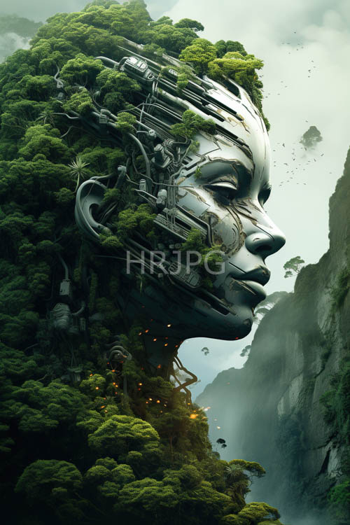 lush green plant vines merge with metallic futuristic human forms
