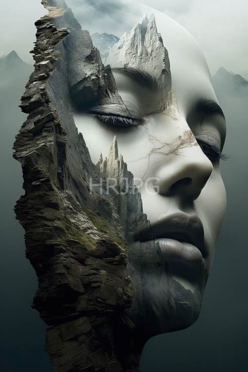 High Resolution: Jagged mountain rock formations merge into soft human facial profiles download. | HRJPG.com
