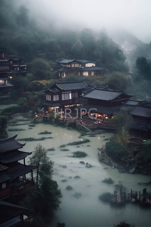 misty dusk fog hangs over ancient eastern riverbank architecture