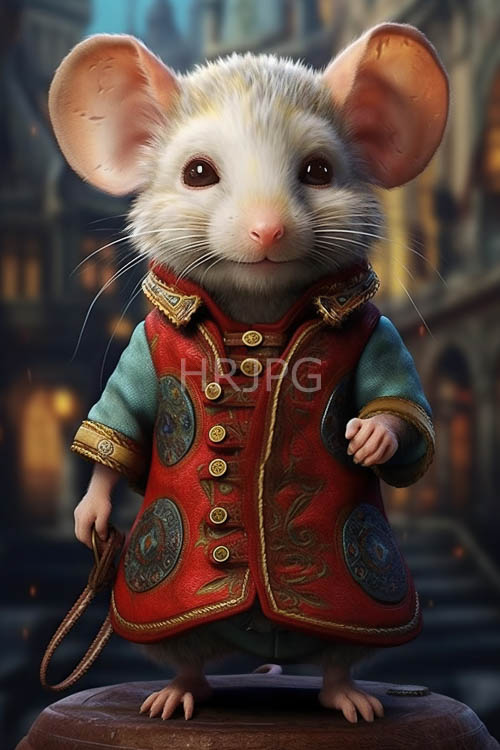medievalstyle clothing drapes elegant over anthropomorphic mouse on rustic wooden block