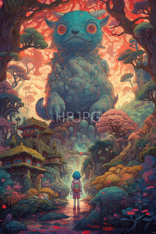 fantasy forest whispers ephemeral orangered skies over majestic bluegreen beast