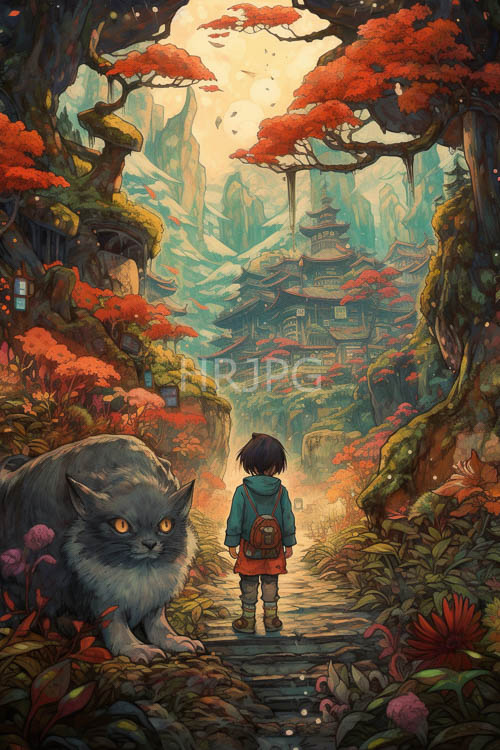 High Resolution: Stone pathways wind through misty valleys past anime figures download. | HRJPG.com