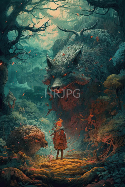 twisted ancient branches cast flickering orange light on enchanted teal forest floor