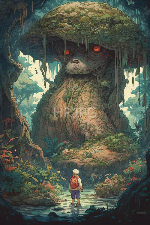 fantasy child encounters mosscovered forest guardian along tranquil winding stream amidst lush foliage