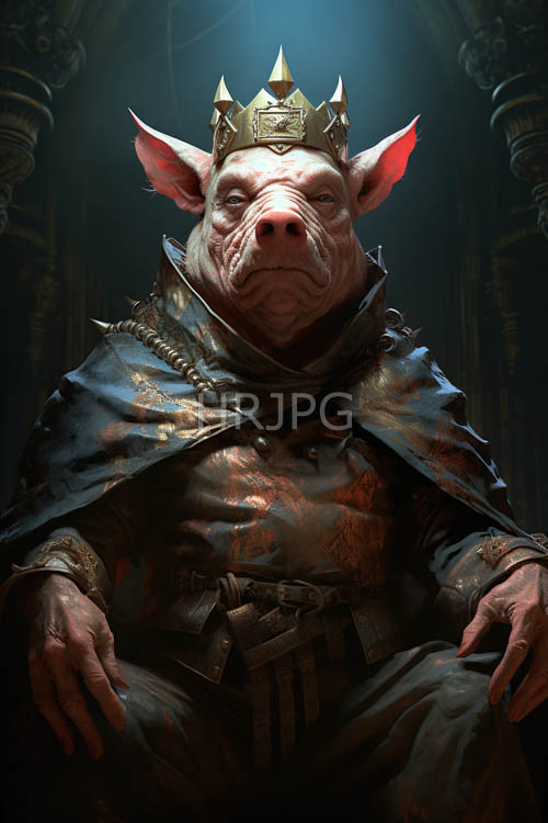 ornate robes cloak imposing pinkskinned pig king in dramatic cathedrallike gothic fantasy setting