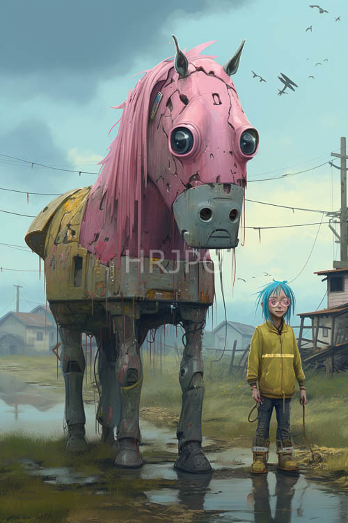 High Resolution: Mechanical horse robotics cross desolate landscapes alongside small children download. | HRJPG.com