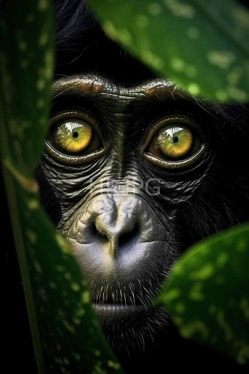 chimpanzees dappled jungle with weathered black fur and lush green leaves