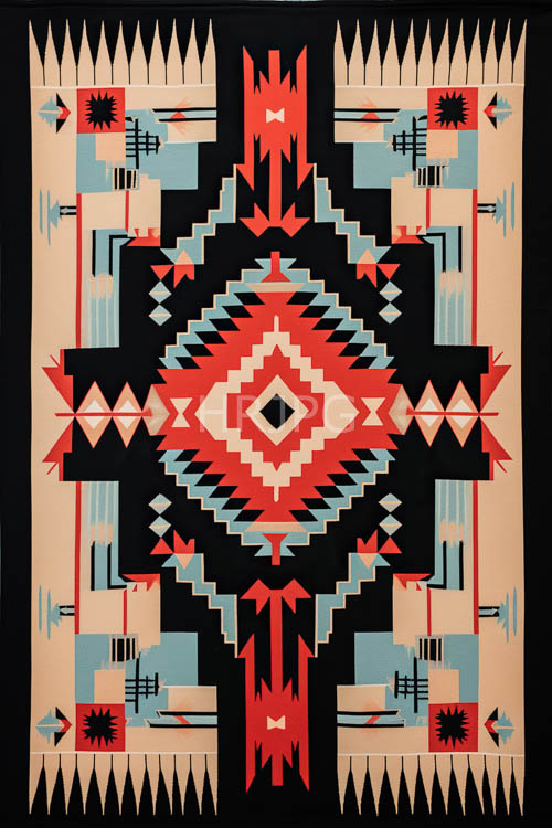 native americaninspired textile pattern with deep blue and primary red geometric motifs on black background