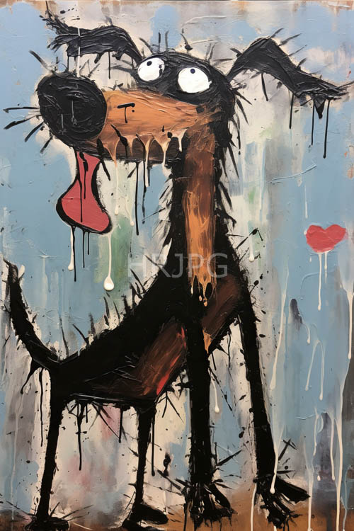 eccentric canines dance amidst whimsical abstracts of exuberant expressions