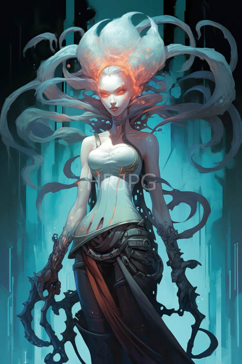 supernatural female figure with intricate claw extensions and blazing orange hair in mystical gothic fantasy setting