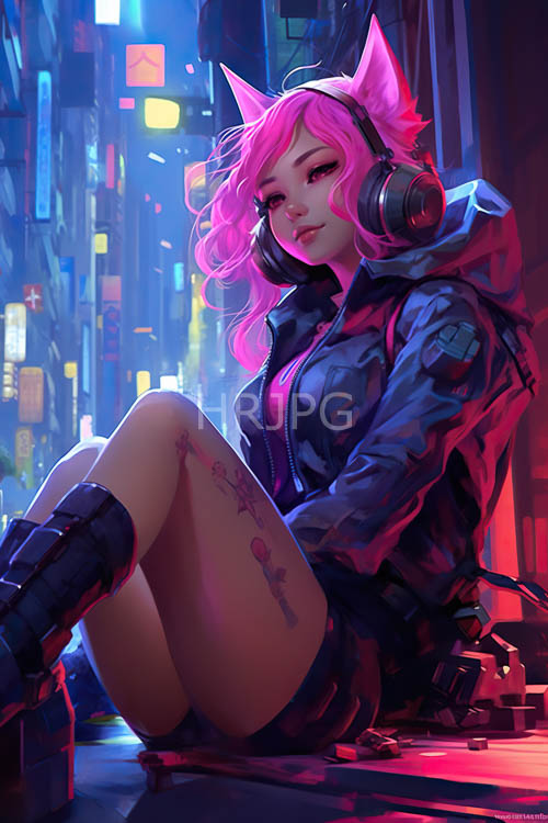 animestyle girl dominates neonlit urban alleyway with rugged boots and thigh tattoos