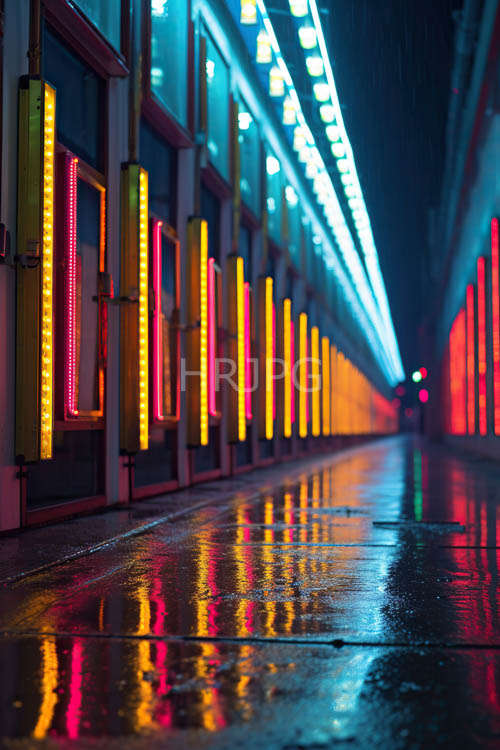 rain slicked asphalt reflects glowing neon signs in narrow alleyways