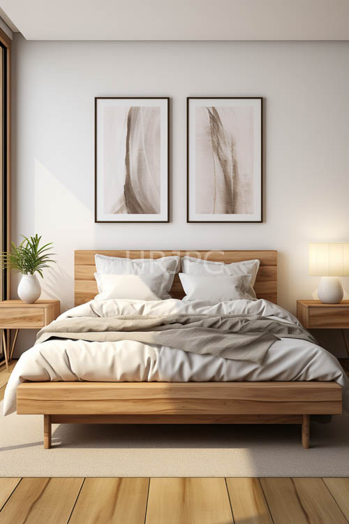 minimalist bedroom design with soft warm lighting and natural wood textures