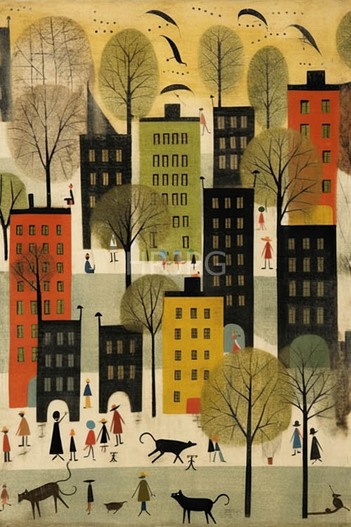 winter cityscape stylized drawing of figures and tall buildings against snowy ground