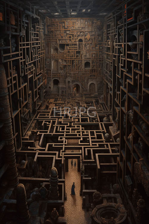 labyrinthine stone walls enclose robed figures near ancient wall carvings