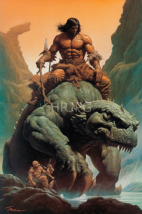 muscular warrior rides colossal dragon amidst orange sunset over rocky canyon landscape