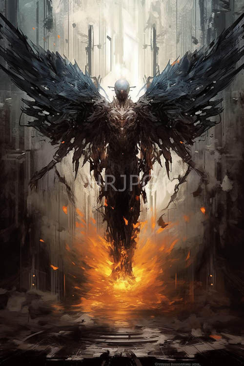 darkwinged humanoid emerges from fiery flames enveloping urban skyscrapers in misty haze