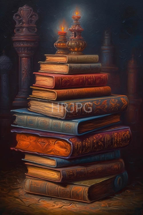leather books stack near burning candles in dark studies