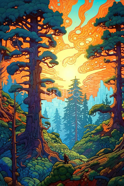 fantasy landscape illuminated by swirling orange clouds and pine forest glow