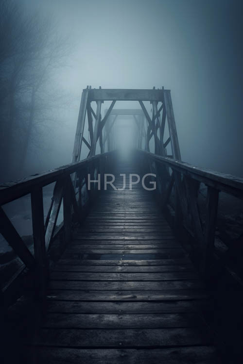 High Resolution: Misty Forest Pathway Frames Eerie Wooden Bridge through Cool Gray Hues and Stark Railings download. | HRJPG.com
