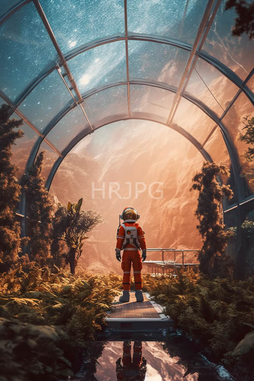 astronaut in orange spacesuit stands amidst vibrant greenery under curved glass dome greenhouse