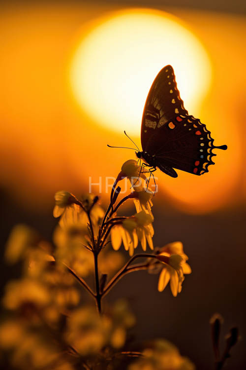 High Resolution: Sunsets Orange Glow Envelops Delicate Black Butterfly Amidst Vibrant Floral Surroundings download. | HRJPG.com