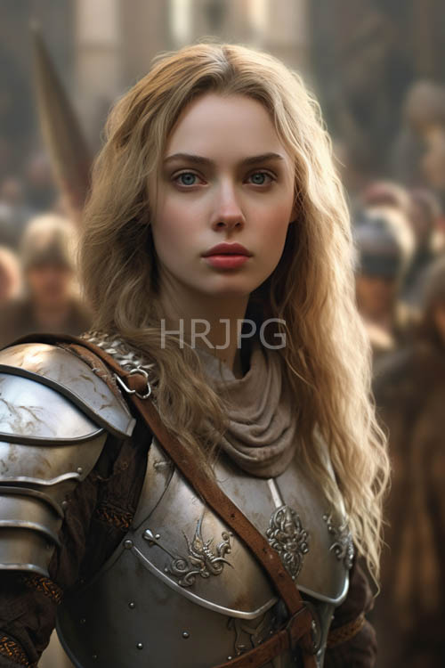 medieval warrior woman stands amidst intricate of knights and armor