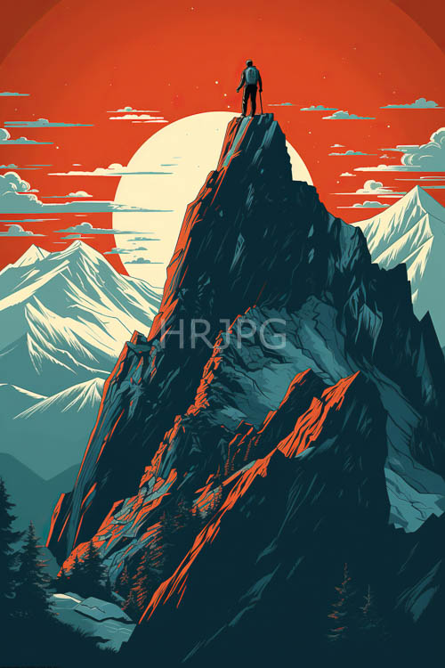 mountainous landscape silhouettes jagged peak against glowing sunset sky