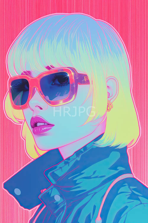 teal jacket amidst vibrant red backdrops with avantgarde glamour and light patterns