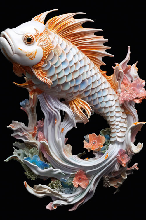 goldfish swim past pink flowers and blue coral structures