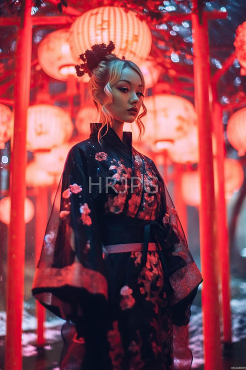 nighttime japanese modernism emanates from elegant kimono adorned with pink petals