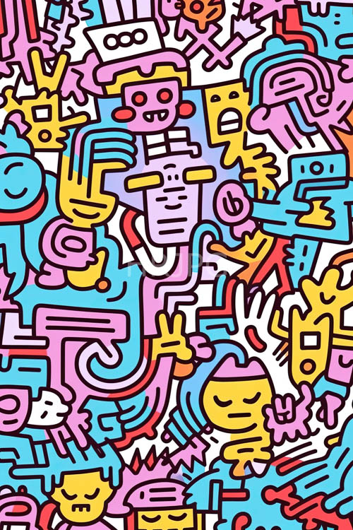 electric cartoon characters collide with geometric shapes in urban doodle art mosaic