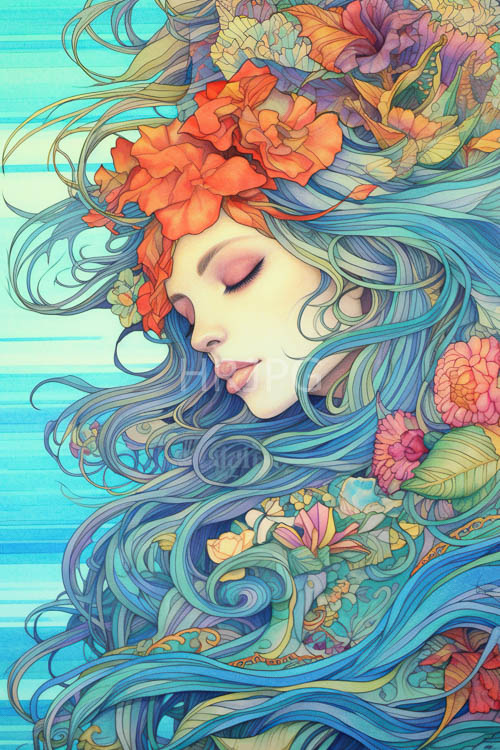 fantasy female portraits set amidst orangered floral crowns in cooltoned compositions