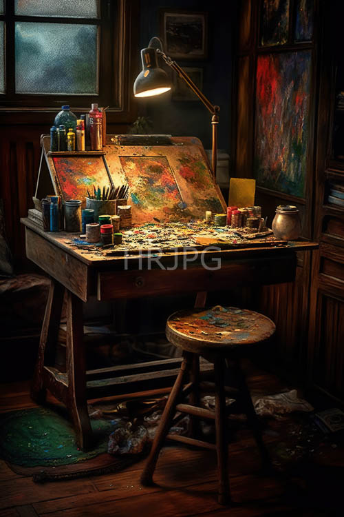 spotlights illuminate detailed wooden desks covered in color pigments