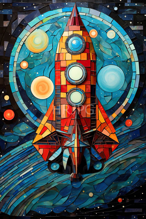 High Resolution: Circular windows glowing in soft light anchor vibrant abstract rocket ship through swirling blue cosmic waves download. | HRJPG.com