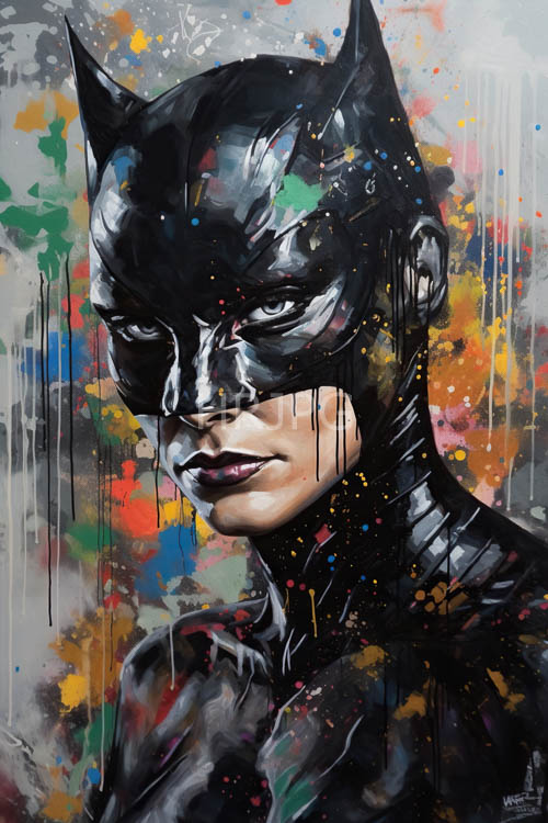 catwoman emerges from chaotic paint drips in iconic black latex suit amidst gothams abstract landscape
