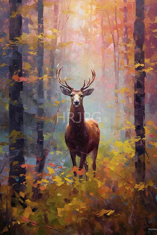 brown fur stags stand under autumn forest canopy foliage