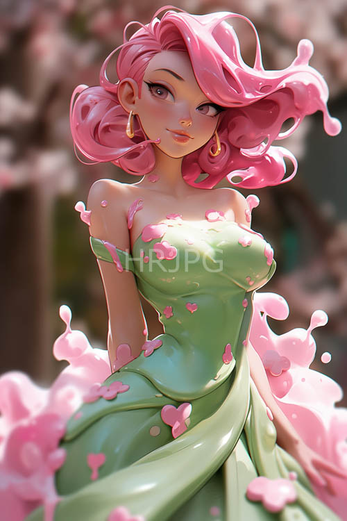 animestyle woman with fairtoned skin adorned in floral motifs and pastel colors
