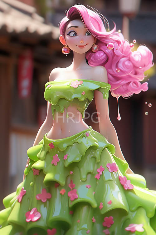 off shoulder gowns stand out amidst glowing green slime and neon