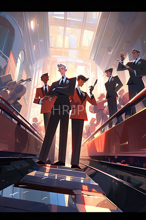 sleek modern flight attendants stand confidently on airport jet bridge with polished reflective floor tiles