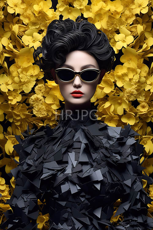 vibrant yellow florals encase elegant woman in dark geometric textiles and modern fashion