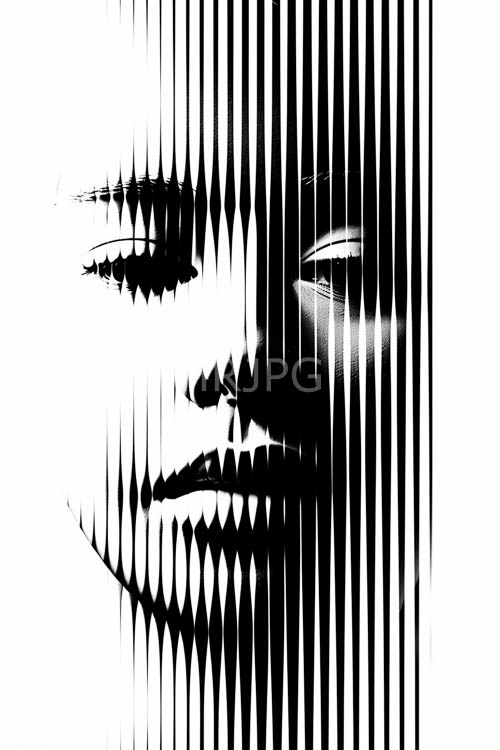 surreal fragmentation of human form across vertical lines on stark white background